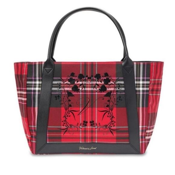 Victoria’s Secret Large Tote Bag Red Plaid V Logo Holiday Shopper NWT - Picture 1 of 12